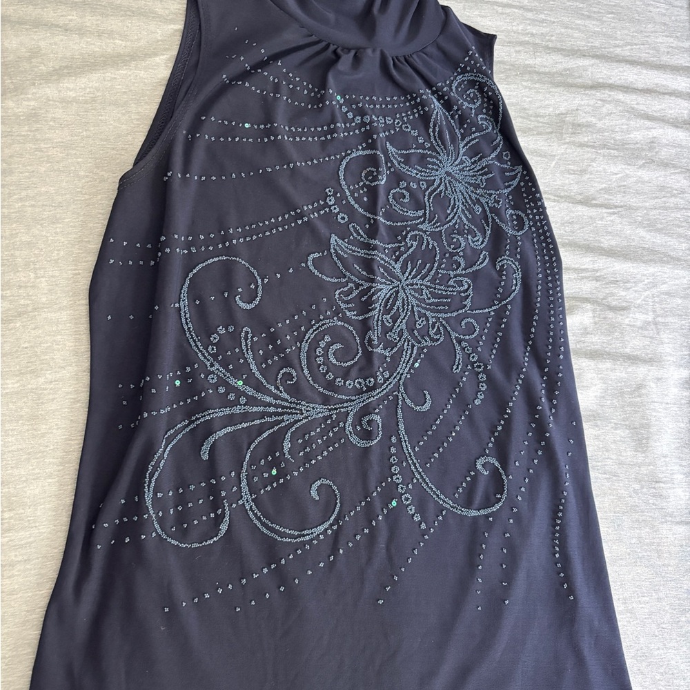 Navy Blue Rhinestone Floral Mock Neck Sleeveless Top